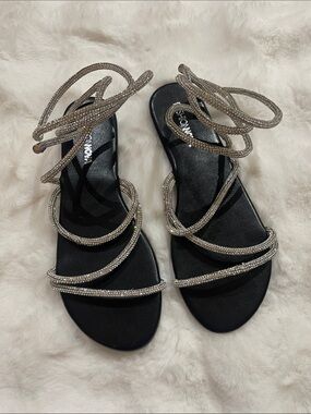 Fashion Nova Silver Rhinestone Wrap Sandals with Black Footbed
